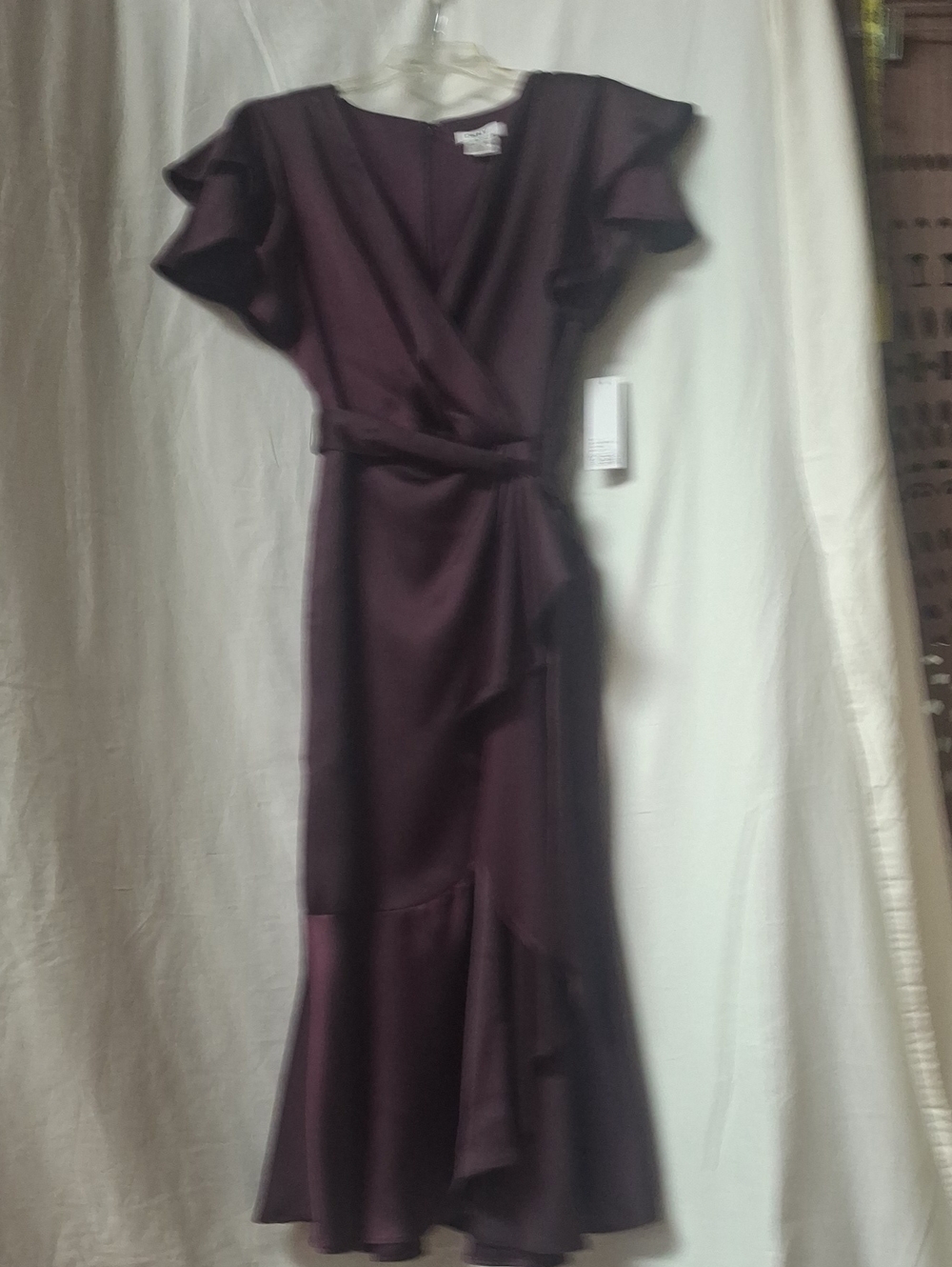 DKNY Deep Plum Satin Wrap Midi Dress